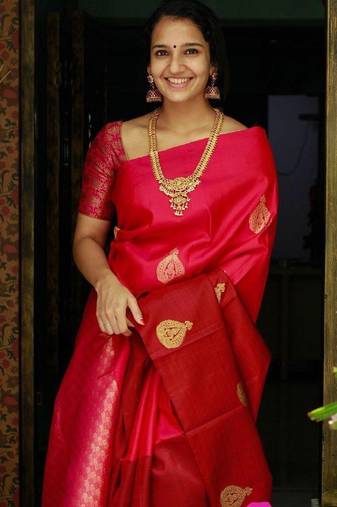 Red soft silk blend banarasi jacuard work designer party wear saree with unstitched blouse piece