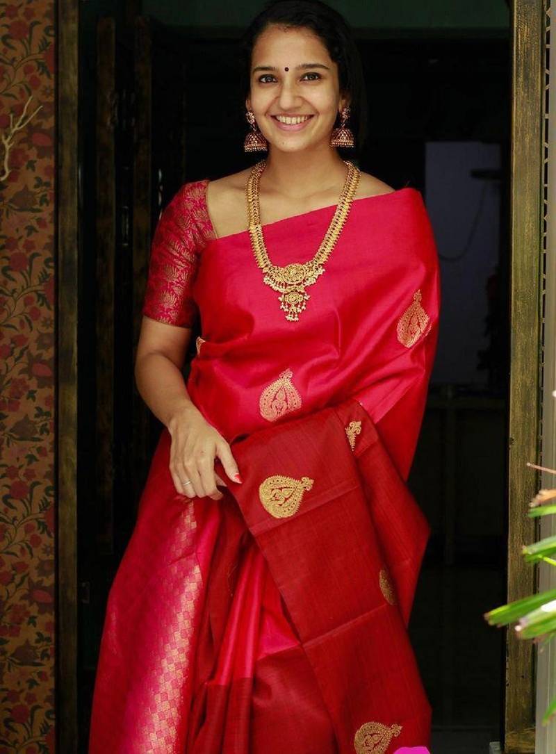 Red soft silk blend banarasi jacuard work designer party wear saree with unstitched blouse piece