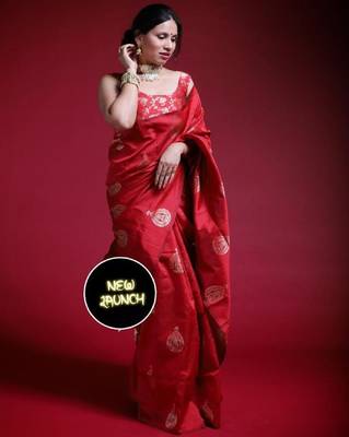 Red silk blend banarasi saree with unstitched blouse piece 1