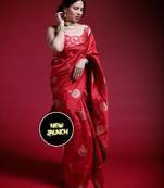 Red silk blend banarasi saree with unstitched blouse piece