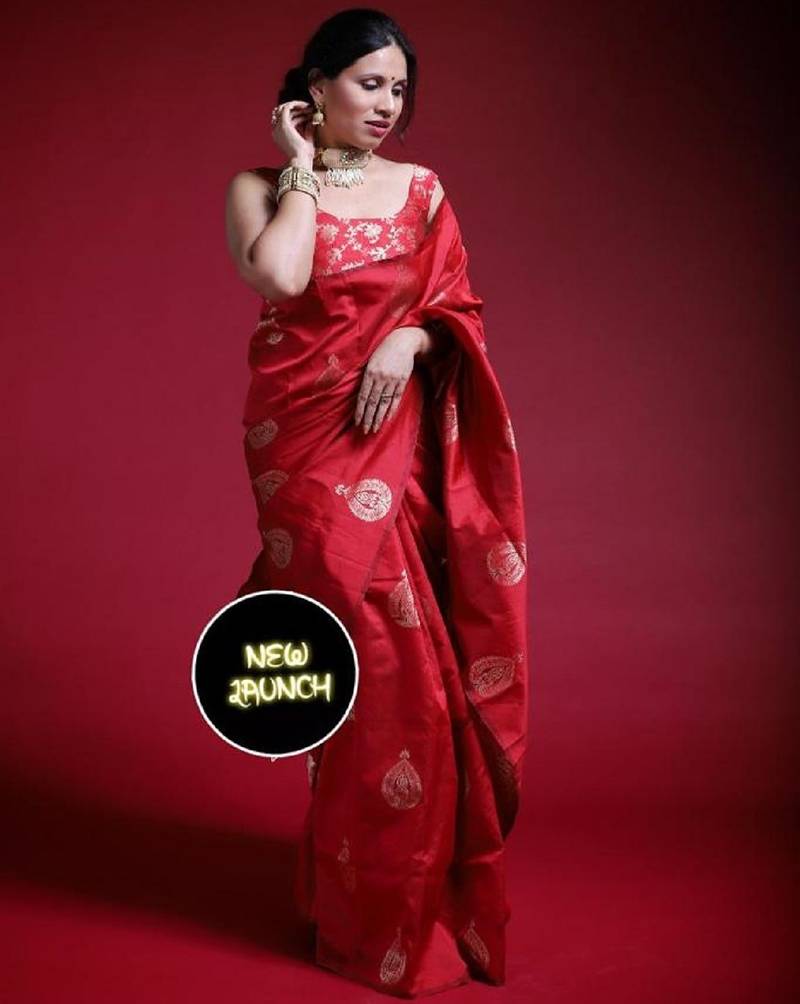 Red soft silk blend banarasi jacuard work designer party wear saree with unstitched blouse piece