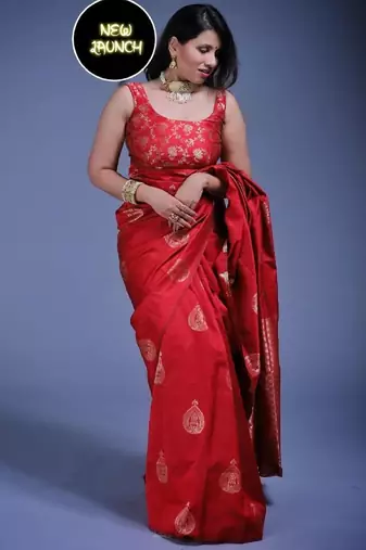 Red silk blend banarasi saree with unstitched blouse piece