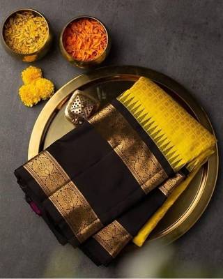 Yellow black silk blend banarasi saree with unstitched blouse piece 1