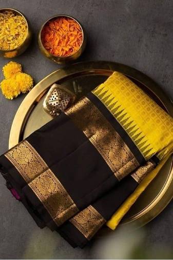 Yellow black  soft silk blend banarasi jacuard work designer party wear saree with unstitched blouse piece