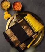 Yellow black silk blend banarasi saree with unstitched blouse piece