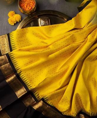 Yellow black silk blend banarasi saree with unstitched blouse piece 2