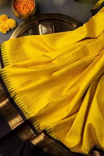 Yellow black silk blend banarasi saree with unstitched blouse piece