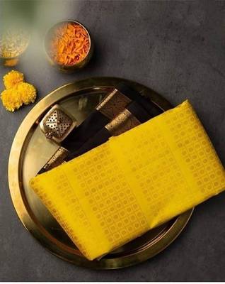 Yellow black silk blend banarasi saree with unstitched blouse piece 3