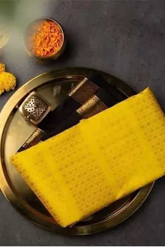 Yellow black silk blend banarasi saree with unstitched blouse piece
