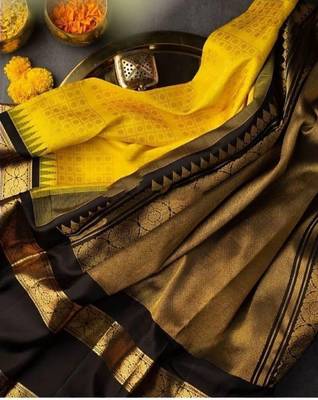 Yellow black silk blend banarasi saree with unstitched blouse piece 4