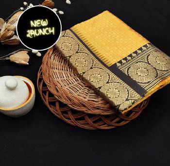 Yellow black silk blend banarasi saree with unstitched blouse piece 5