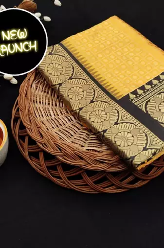 Yellow black silk blend banarasi saree with unstitched blouse piece