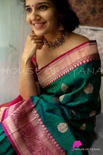 Green pink soft silk blend banarasi jacuard work designer party wear saree with unstitched blouse piece