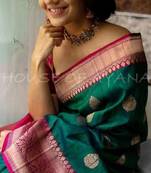 Green pink silk blend banarasi saree with unstitched blouse piece