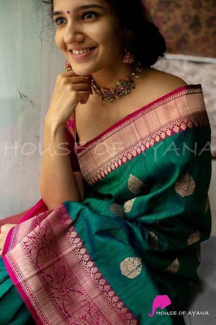 Green pink soft silk blend banarasi jacuard work designer party wear saree with unstitched blouse piece