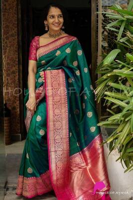 Green pink silk blend banarasi saree with unstitched blouse piece 2