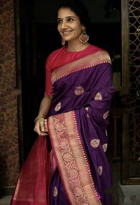 Wine pink silk blend banarasi saree with unstitched blouse piece 1