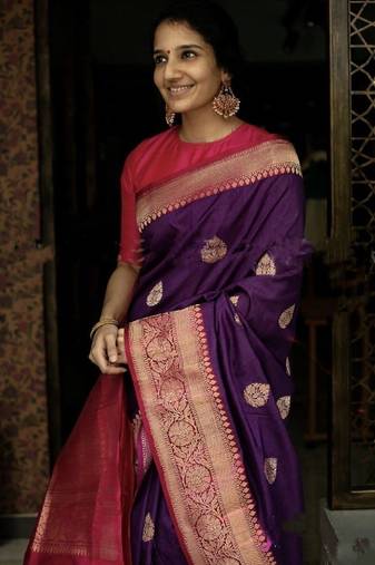Wine pink soft silk blend banarasi jacuard work designer party wear saree with unstitched blouse piece