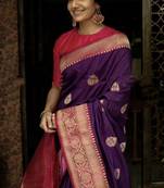 Wine pink silk blend banarasi saree with unstitched blouse piece