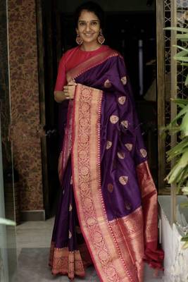 Wine pink silk blend banarasi saree with unstitched blouse piece 2
