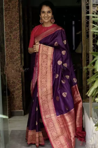 Wine pink silk blend banarasi saree with unstitched blouse piece
