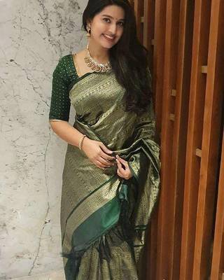 Green silk blend banarasi saree with unstitched blouse piece 2