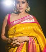 Yellow pink silk blend banarasi saree with unstitched blouse piece