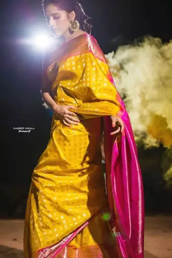 Yellow pink silk blend banarasi saree with unstitched blouse piece