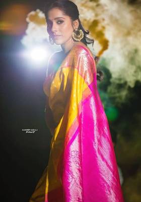 Yellow pink silk blend banarasi saree with unstitched blouse piece 3