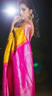 Yellow pink silk blend banarasi saree with unstitched blouse piece 4