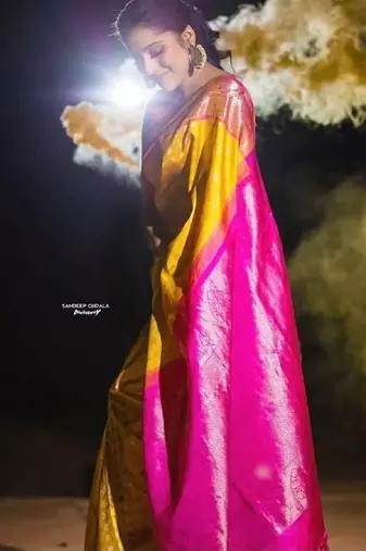 Yellow pink silk blend banarasi saree with unstitched blouse piece