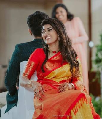 Yellow red silk blend banarasi saree with unstitched blouse piece 1