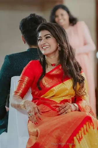 Yellow red soft silk blend banarasi jacuard work designer party wear saree with unstitched blouse piece