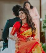 Yellow red silk blend banarasi saree with unstitched blouse piece