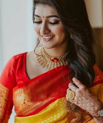 Yellow red silk blend banarasi saree with unstitched blouse piece 2