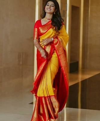 Yellow red silk blend banarasi saree with unstitched blouse piece 3
