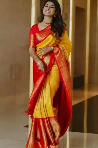 Yellow red silk blend banarasi saree with unstitched blouse piece