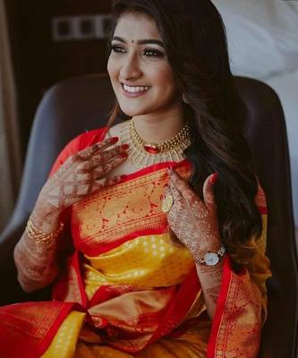 Yellow red silk blend banarasi saree with unstitched blouse piece 4