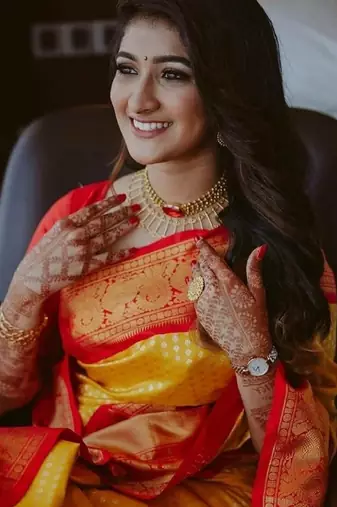 Yellow red silk blend banarasi saree with unstitched blouse piece