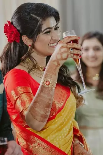 Yellow red silk blend banarasi saree with unstitched blouse piece