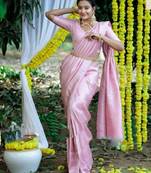 Baby pink silk blend banarasi saree with unstitched blouse piece
