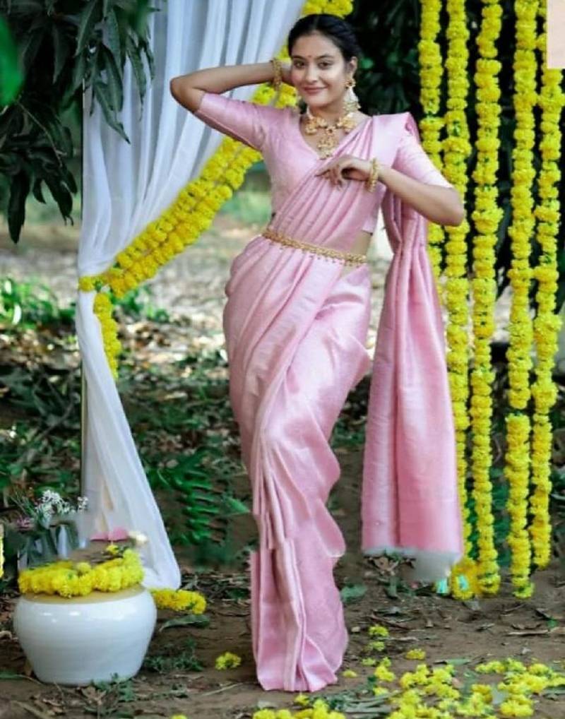 Baby pink soft silk blend banarasi jacuard work designer party wear saree with unstitched blouse piece