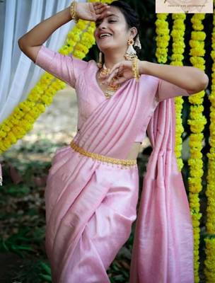 Baby pink silk blend banarasi saree with unstitched blouse piece 2