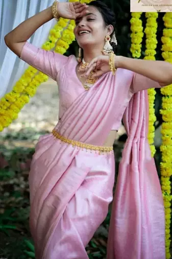 Baby pink silk blend banarasi saree with unstitched blouse piece
