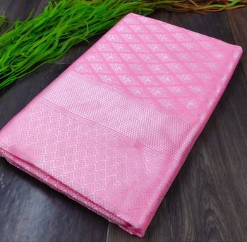 Baby pink silk blend banarasi saree with unstitched blouse piece 3