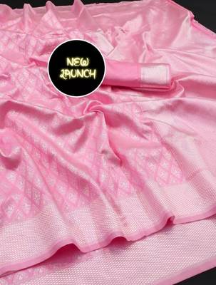 Baby pink silk blend banarasi saree with unstitched blouse piece 4