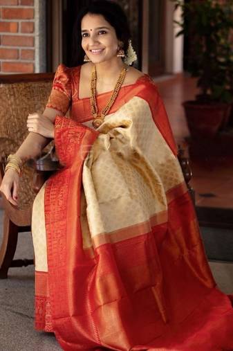 Off white red soft silk blend banarasi jacuard work designer party wear saree with unstitched blouse piece