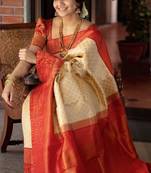 Off white red soft silk blend banarasi jacuard work designer party wear saree with unstitched blouse piece