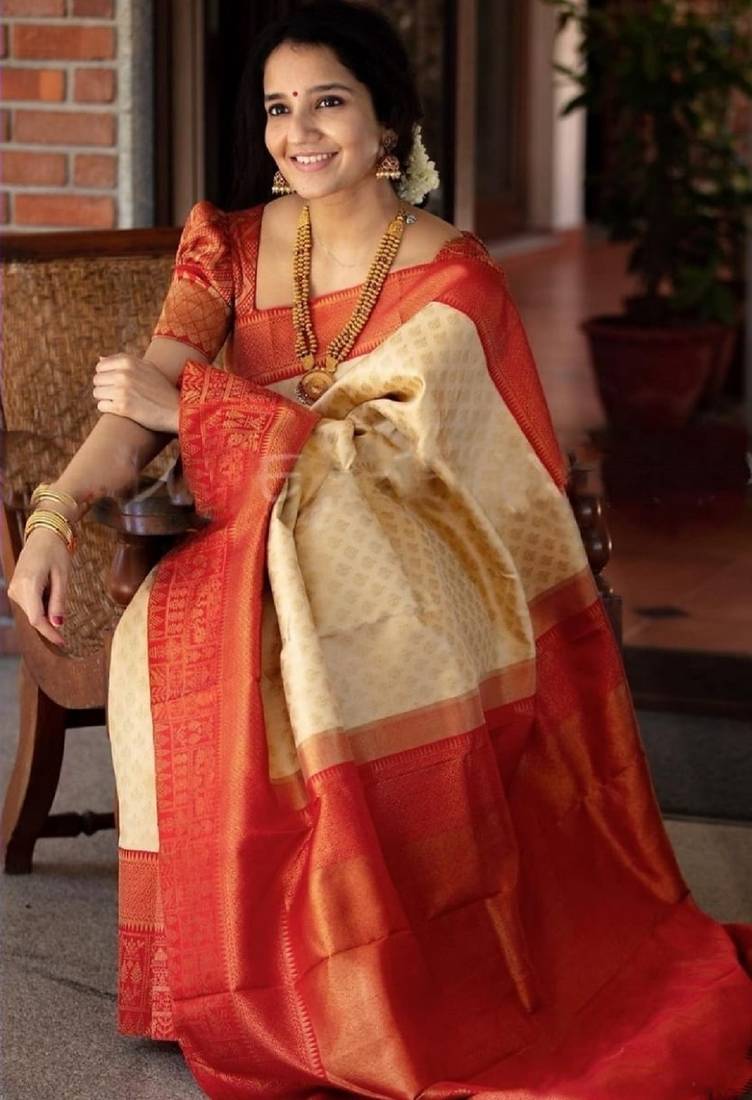 Off white red soft silk blend banarasi jacuard work designer party wear saree with unstitched blouse piece