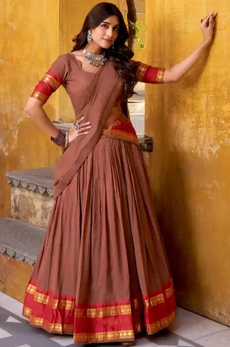 Super Brown Zari Work Chanderi Marriage Wear Half Saree Lehenga